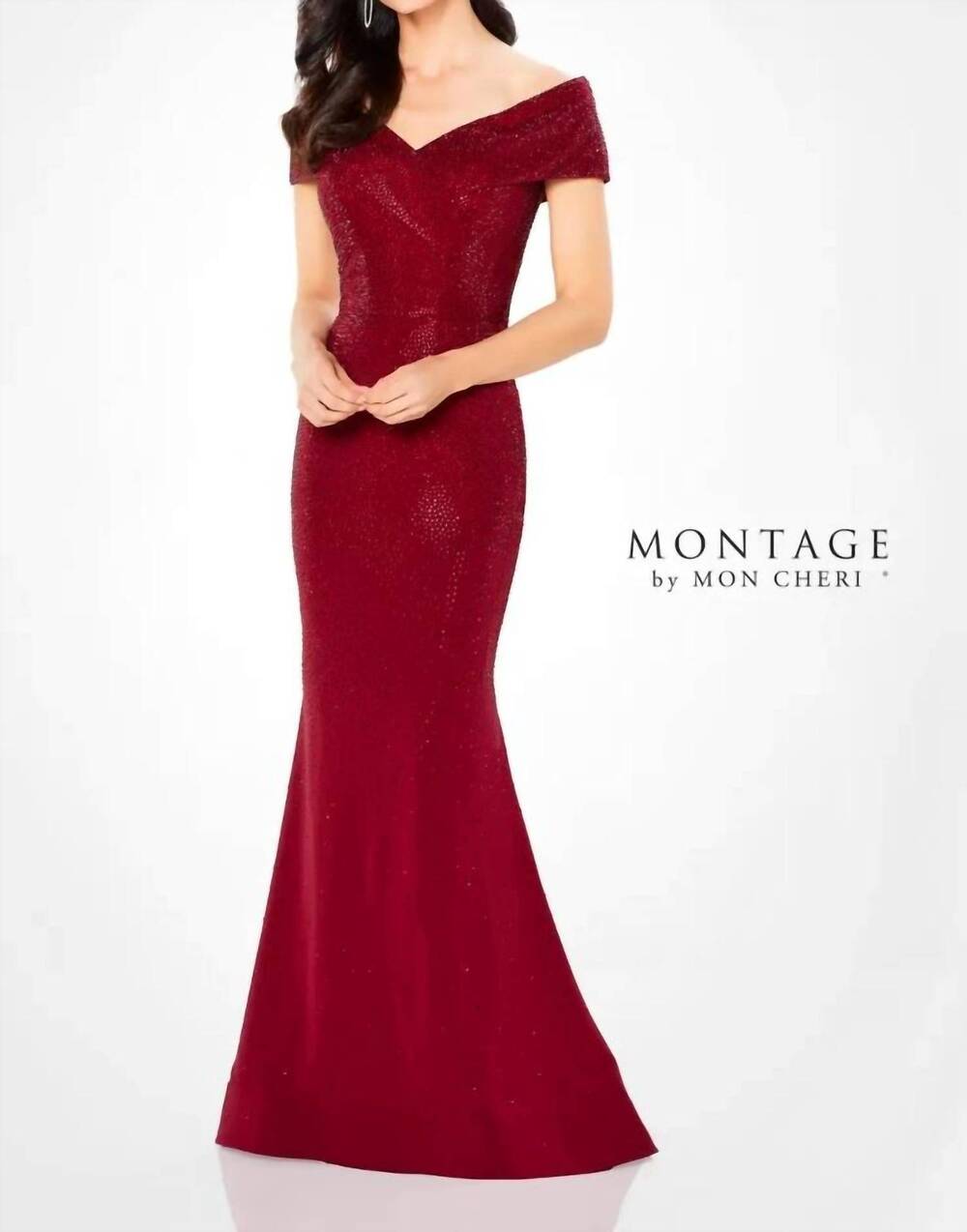 NEW MONTAGE BY MON CHERI fit & flare gown with off the shoulder sweetheart neckl
